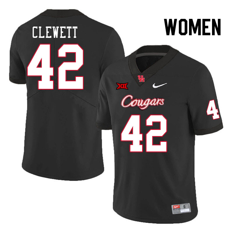 Women #42 Beau Clewett Houston Cougars College Football Jerseys Stitched Sale-Black - Click Image to Close